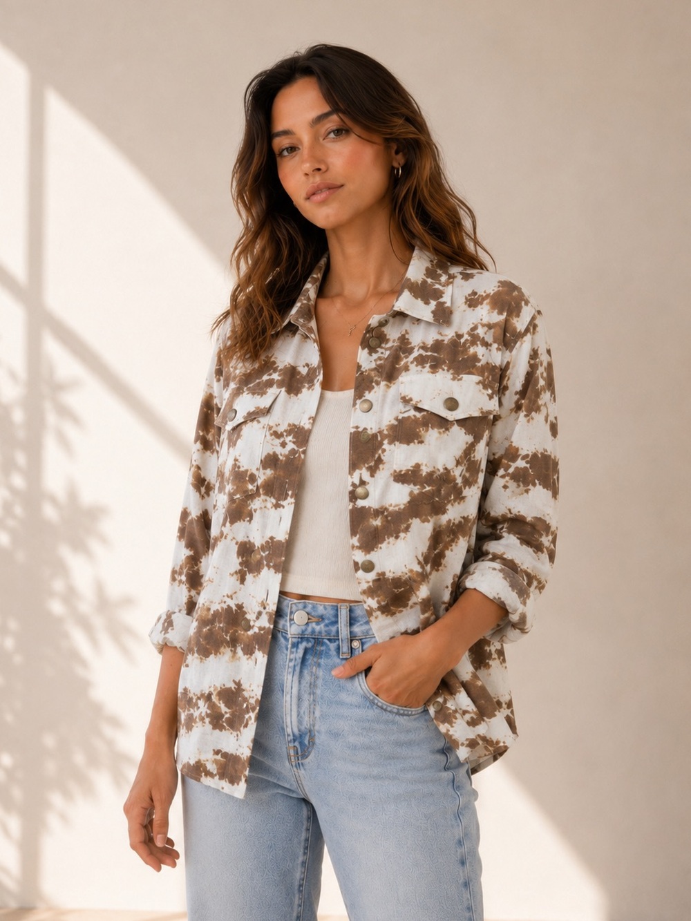 Wearables by XCVI Brown & White Tie-Dye Button Front‎ Shirt Jacket